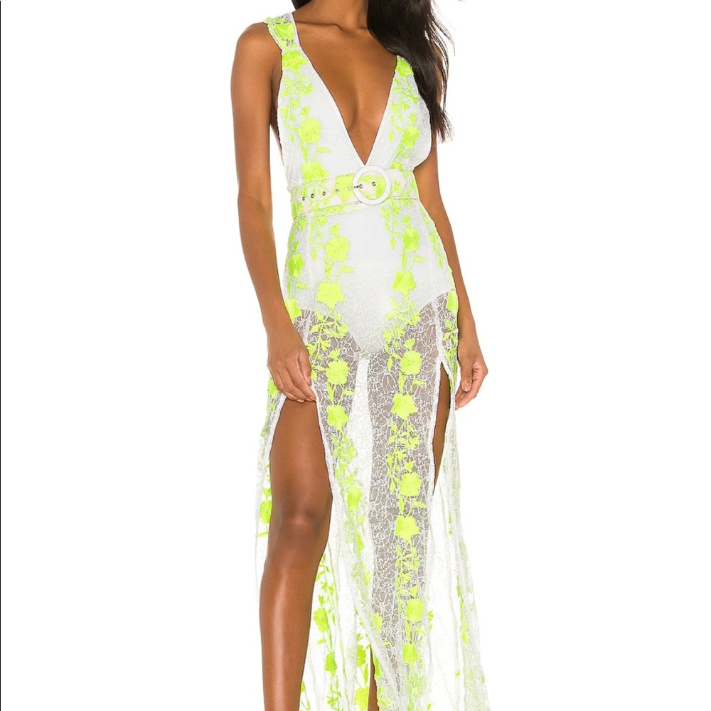 For Love And Lemons White and Neon Green DAHLIA Maxi Dress